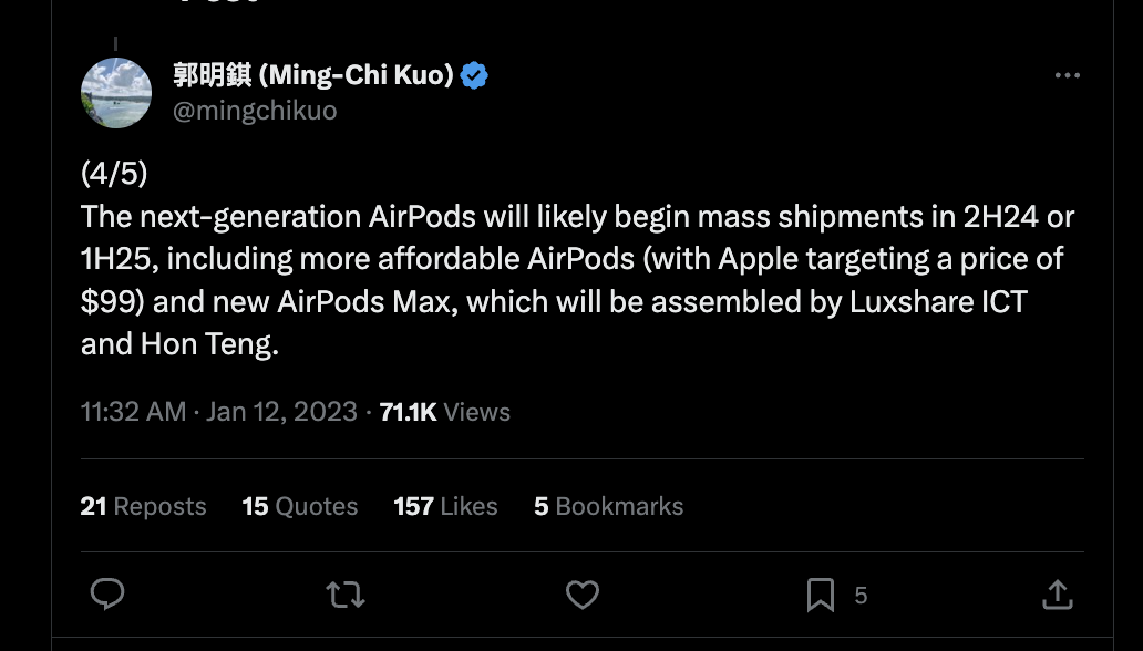 Analyst Ming-Chi Kuo's prediction on AirPods Lite